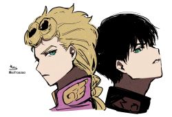 Rule 34 | 2girls, back-to-back, black hair, black jacket, blonde hair, braid, closed mouth, dual persona, earrings, from side, giorno giovanna, green eyes, haruno shiobana, high collar, highres, jacket, jewelry, jojo no kimyou na bouken, long hair, male focus, multiple girls, parted lips, pink jacket, portrait, profile, signature, simple background, sofra, stud earrings, time paradox, twitter username, v-shaped eyebrows, vento aureo, white background