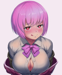 Rule 34 | 10s, 1girl, absurdres, black jelly, blush, bow, breasts, button gap, cleavage, collared shirt, dress shirt, gridman universe, heart, heart-shaped pupils, highres, jacket, large breasts, licking lips, light purple hair, long sleeves, looking at viewer, nose blush, off shoulder, purple bow, purple jacket, red eyes, shinjou akane, shirt, short hair, skirt, smile, solo, ssss.gridman, symbol-shaped pupils, tongue, tongue out, unbuttoned, unbuttoned shirt, white shirt