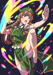 Rule 34 | 1girl, black footwear, braid, chinese clothes, collared shirt, dress, fingernails, foot out of frame, green dress, green eyes, green hat, gyouza (mhea5724), hat, hat ornament, highres, hong meiling, long hair, open mouth, red hair, shirt, shoes, short sleeves, solo, star (symbol), star hat ornament, touhou, twin braids, white shirt
