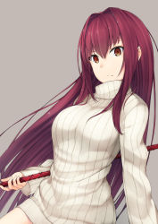 Rule 34 | 1girl, breasts, brown background, brown eyes, closed mouth, fate/grand order, fate (series), gae bolg (fate), grey background, grey sweater, hair intakes, hiraba 6018, holding, holding weapon, large breasts, long hair, looking at viewer, polearm, purple hair, ribbed sweater, scathach (fate), sidelocks, simple background, solo, spear, sweater, turtleneck, turtleneck sweater, upper body, weapon