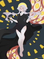 Rule 34 | 1girl, abstract background, artist name, black dress, charlotte wiltshire (oracle), closed eyes, collar, dress, floating hair, full body, guramitami, halo, hello charlotte, legs together, long hair, medium hair, outstretched arms, parted lips, sidelocks, solo, spread arms, thighhighs, third eye, very long hair, white collar, white sleeves, white thighhighs, yellow halo, zettai ryouiki