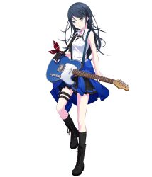 Rule 34 | 1girl, bare shoulders, black footwear, black gloves, black hair, black skirt, black socks, blue jacket, boots, clothes around waist, cross-laced footwear, fingerless gloves, full body, gloves, grey eyes, guitar, highres, holding, holding guitar, holding instrument, hoshino ichika (project sekai), instrument, jacket, jacket around waist, leg belt, looking at viewer, non-web source, official art, parted lips, project sekai, shirt, single glove, skirt, sleeveless, socks, solo, tachi-e, transparent background, white background, white shirt