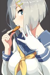 Rule 34 | 1girl, blue eyes, breasts, commentary, crumbs, eating, food, from side, gloves, grey background, hair ornament, hair over one eye, hairclip, hamakaze (kancolle), highres, holding, holding food, kantai collection, kozou (rifa), large breasts, looking at viewer, neckerchief, school uniform, serafuku, short hair, silver hair, simple background, single glove, solo, translated, unagi pie, white gloves, yellow neckerchief