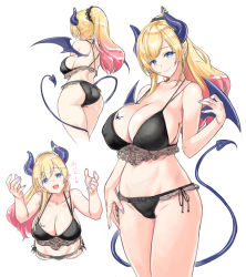 Rule 34 | 1girl, :d, ass, back, bikini, black bikini, blonde hair, blue eyes, breasts, cleavage, demon horns, demon tail, demon wings, gradient hair, highres, hololive, horn ornament, horns, kiyama satoshi, large breasts, long hair, looking at viewer, multicolored hair, multiple views, nail polish, navel, open mouth, pink hair, pointy ears, ponytail, purple nails, scrunchie, simple background, smile, swimsuit, tail, tattoo, teeth, two-tone hair, virtual youtuber, white background, wings, yuzuki choco, yuzuki choco (hololive summer 2019)