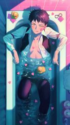 Rule 34 | 1boy, absurdres, arm strap, bathing, bathtub, black hair, black pants, blush, collared shirt, commentary request, from above, highres, indoors, iyanhoho, licking lips, looking at viewer, male focus, open clothes, open shirt, original, pants, partially submerged, petals, petals on liquid, pointy ears, ripples, rubber duck, shirt, short hair, signature, slit pupils, solo, tile wall, tiles, tongue, tongue out, very short hair, water, wet, wet clothes, wet hair, yellow eyes