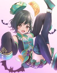Rule 34 | 1girl, :d, absurdres, bare shoulders, bat (animal), bead necklace, beads, black hair, black thighhighs, chinese clothes, detached sleeves, fang, hair ornament, hairclip, hat, unworn hat, unworn headwear, highres, jewelry, jiangshi, long sleeves, looking at viewer, love live!, love live! nijigasaki high school idol club, love live! school idol festival all stars, mifune shioriko, miniskirt, necklace, ofuda, open mouth, panaham, qingdai guanmao, red eyes, skirt, sleeves past fingers, sleeves past wrists, smile, solo, swept bangs, thighhighs, x hair ornament