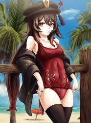 Rule 34 | 1girl, adapted costume, armpits, bare shoulders, beach, black hat, black shirt, black thighhighs, breasts, brown hair, covered navel, cowboy shot, flower, genshin impact, gradient hair, hair between eyes, haonfest, hat, hat flower, highres, hu tao (genshin impact), jewelry, long hair, long sleeves, looking at viewer, medium breasts, mouth hold, multicolored hair, multiple rings, nail polish, off shoulder, one-piece swimsuit, open clothes, open shirt, outdoors, plum blossoms, red eyes, red flower, red one-piece swimsuit, ring, school swimsuit, shirt, solo, standing, swimsuit, thighhighs, thighs, twintails, very long hair, wide sleeves
