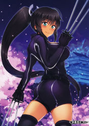 Rule 34 | &gt;:), 10s, 1girl, absurdres, aqua eyes, architecture, artist name, ass, belt, black gloves, black hair, blade, blush, bodysuit, breasts, building, castle, cherry blossoms, dark-skinned female, dark skin, east asian architecture, from side, gloves, highres, holding, holding weapon, homura (senran kagura), large breasts, long hair, looking at viewer, looking back, night, outdoors, petals, ponytail, satou souji, senran kagura, sidelocks, smile, solo, thighhighs, thighs, v-shaped eyebrows, very long hair, weapon