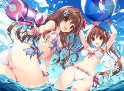 Rule 34 | 2girls, :d, ass, ball, beachball, bikini, blue sky, bow, bow bikini, bracelet, breasts, brown eyes, brown hair, cloud, covered erect nipples, day, flower, flower bikini, gluteal fold, hair flower, hair ornament, highres, jewelry, karory, long hair, medium breasts, mountain, mountainous horizon, multiple girls, navel, necklace, ocean, open mouth, original, outdoors, shell hair ornament, shore, sky, smile, sparkle, standing, starfish hair ornament, swimsuit, thighs, twintails, water, water drop, water gun, white bikini