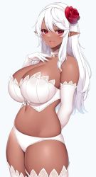 Rule 34 | 1girl, absurdres, arm behind back, bare shoulders, blush, bra, breasts, choker, claire lanquairt, cleavage, commentary, commission, curvy, dark-skinned female, dark elf, dark skin, elbow gloves, elf, english commentary, flower, gloves, hair flower, hair ornament, hand up, highres, huge breasts, long hair, looking at viewer, navel, open mouth, original, panties, pointy ears, red eyes, scar, scar across eye, simple background, skeb commission, smile, solo, suruga (xsurugax), thick thighs, thighhighs, thighs, underwear, white bra, white choker, white gloves, white hair, white panties, white thighhighs