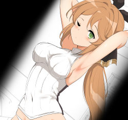 Rule 34 | 1girl, absurdres, armpits, arms behind head, arms up, bare arms, bare shoulders, black ribbon, blush, breasts, brown hair, clarisse (granblue fantasy), closed mouth, commentary request, covered navel, granblue fantasy, green eyes, groin, hair ribbon, highres, long hair, looking at viewer, medium breasts, momio, one eye closed, panties, ponytail, ribbon, shirt, sleeveless, sleeveless shirt, solo, underwear, very long hair, white panties, white shirt