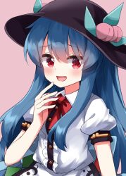Rule 34 | 1girl, black hat, blue hair, blush, bow, bowtie, buttons, center frills, collared shirt, eyes visible through hair, frills, hair between eyes, hand up, hat, hinanawi tenshi, long hair, looking at viewer, open mouth, pink background, puffy short sleeves, puffy sleeves, red bow, red bowtie, red eyes, ruu (tksymkw), shirt, short sleeves, sidelocks, simple background, smug, solo, split mouth, touhou, upper body, white shirt