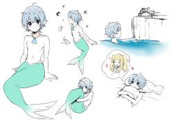 Rule 34 | 1boy, 1girl, bad id, bad pixiv id, blonde hair, blue hair, blush, character sheet, cliff, erubo, fins, fish tail, heart, holding, holding pillow, jewelry, male focus, merman, monster boy, music, navel, necklace, hugging object, ocean, on bed, original, outdoors, partially colored, pillow, pillow hug, pointy ears, shell, singing, sitting, smile, sparkle, tail, thinking, thought bubble, topless male, white background