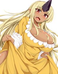 Rule 34 | 10s, 1girl, blonde hair, blush, breasts, bursting breasts, cleavage, clothes lift, dark-skinned female, dark skin, dress, dress lift, fang, highres, horns, huge breasts, karatakewari, long hair, looking at viewer, monster girl, monster musume no iru nichijou, ogre, open mouth, pointy ears, red eyes, simple background, single horn, smile, solo, tionishia, white background, yellow dress