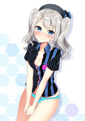 Rule 34 | 10s, 1girl, alternate costume, beret, black hat, blue eyes, blue panties, blush, bow, bow panties, breasts, cleavage, closed mouth, cowboy shot, employee uniform, eyelashes, hat, honeycomb (pattern), honeycomb background, honeycomb pattern, kantai collection, kashima (kancolle), long hair, looking at viewer, name tag, no pants, own hands together, panties, pink bow, self-upload, short sleeves, silver hair, smile, solo, standing, striped, thigh gap, thighs, third-party edit, twintails, underwear, uniform, v arms, vertical stripes, wavy hair, wing collar, zipper