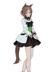 Rule 34 | 1girl, animal ears, ascot, black skirt, brown hair, clover, clover hair ornament, collared shirt, ear ornament, feet out of frame, fine motion (umamusume), gloves, green eyes, hair between eyes, hair bun, hair ornament, highres, horse ears, horse girl, horse tail, jacket, long sleeves, looking at viewer, motibeeeee, multicolored hair, own hands together, ponytail, shirt, single hair bun, skirt, smile, solo, tail, umamusume, white ascot, white background, white gloves, white hair, white jacket
