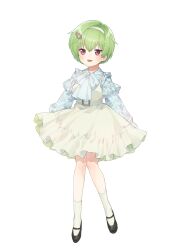 Rule 34 | 1girl, :d, absurdres, alternate costume, aqua bow, arms at sides, black footwear, blue shirt, blush, bow, casual, crocodile hair ornament, dress, frilled dress, frills, full body, green hair, hair between eyes, hairband, happy, highres, juliet sleeves, kneehighs, long sleeves, looking at viewer, mary janes, may salamanya, nomura miki, open mouth, pink hair, puffy sleeves, shirt, shoes, short hair, simple background, sleeveless, sleeveless dress, smile, socks, solo, standing, summer pockets, white background, white dress, white hairband, white socks