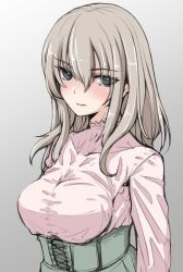 Rule 34 | 10s, 1girl, bad id, bad twitter id, blue eyes, blush, breasts, closed mouth, commentary, girls und panzer, gradient background, grey background, grey skirt, high-waist skirt, itsumi erika, large breasts, long hair, long sleeves, looking at viewer, petag2, pink shirt, shirt, silver hair, skirt, standing, upper body