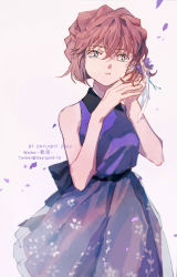 Rule 34 | 1girl, bare arms, blue eyes, brown hair, collared dress, daylight919, dress, flower, grey background, haibara ai, hair between eyes, hair flower, hair ornament, highres, looking at viewer, meitantei conan, open mouth, pleated dress, purple dress, purple flower, short hair, sleeveless, sleeveless dress, solo, standing, twitter username, wing collar