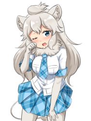 Rule 34 | 1girl, ;o, absurdres, animal ear fluff, animal ears, blue eyes, blue necktie, blue skirt, blush, breasts, cowboy shot, elbow gloves, fang, fur collar, gloves, highres, kemono friends, lion ears, lion girl, lion tail, long hair, looking at viewer, medium breasts, necktie, one eye closed, open mouth, pantyhose, plaid, plaid necktie, plaid neckwear, plaid skirt, plaid trim, pleated skirt, rubbing eyes, shiraha maru, shirt, short sleeves, simple background, skirt, solo, tail, white background, white fur, white gloves, white hair, white lion (kemono friends), white pantyhose, white shirt