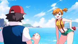 Rule 34 | 1boy, 1girl, armpits, ash ketchum, asymmetrical hair, bare legs, bare shoulders, black hair, blush, breasts, cleavage, cowboy shot, creatures (company), curvy, game freak, gen 1 pokemon, grapeanime, green eyes, gym leader, hair tie, hetero, highres, holding, looking at another, medium breasts, misty (pokemon), navel, nintendo, open mouth, orange hair, poke ball, poke ball (basic), pokemon, pokemon (anime), pokemon (classic anime), ponytail, short hair, short shorts, shorts, side ponytail, simple background, small breasts, suspenders, thighs, water, wide hips