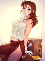 Rule 34 | 1girl, arm support, armpit crease, artist name, blue eyes, blush, breasts, brown hair, camisole, collarbone, disney, eyeshadow, glove in mouth, gloves, hair between eyes, highres, jane porter, leaning back, long hair, looking at viewer, makeup, medium breasts, midriff peek, mouth hold, navel, red skirt, see-through silhouette, side-tie skirt, side slit, simple background, sitting, skirt, solo, suitcase, tarzan, tsuaii, unworn gloves, white camisole, white gloves