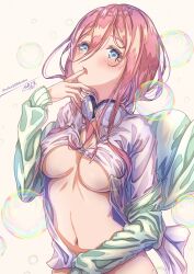 Rule 34 | 1girl, absurdres, air bubble, blue cardigan, blue eyes, breasts, brown hair, bubble, cardigan, commentary request, convenient arm, finger in own mouth, go-toubun no hanayome, hair between eyes, headphones, headphones around neck, highres, large breasts, long hair, long hair between eyes, long sleeves, looking at viewer, mike3284, nakano miku, navel, open cardigan, open clothes, open mouth, partially unbuttoned, shirt, signature, simple background, solo, twitter username, underboob, white shirt