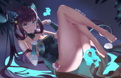 Rule 34 | 1girl, absurdres, bare shoulders, barefoot, black dress, blue eyes, blue fire, blush, breasts, china dress, chinese clothes, cleavage, detached sleeves, dress, fate/grand order, fate (series), feet, fire, hair ornament, highres, knees up, large breasts, leaf hair ornament, legs, long hair, looking at viewer, purple hair, side slit, sidelocks, smile, tongue, tongue out, twintails, very long hair, yang guifei (fate), yang guifei (second ascension) (fate), yimkura