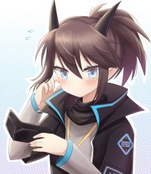 Rule 34 | 1girl, arknights, arm up, black jacket, blue background, blush, brown hair, closed mouth, commentary, english commentary, gradient background, grey shirt, highres, holding, holding wallet, horns, jacket, long sleeves, looking at viewer, medium hair, mole, mole under eye, no mask, open clothes, open jacket, ponytail, rinzy, shirt, solo, upper body, wallet, yato (arknights)