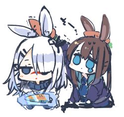 Rule 34 | 2girls, amiya (arknights), animal ears, arknights, blue eyes, brown hair, carrot, chibi, closed mouth, cropped torso, expressionless, food, frostnova (arknights), frozen, hair between eyes, hair ornament, hair over one eye, hairclip, holding, holding food, holding vegetable, ice, jacket, long hair, long sleeves, looking at another, looking at viewer, multiple girls, on head, open clothes, open jacket, ponytail, purple jacket, rabbit ears, rabbit girl, scar, scar on face, scar on nose, simple background, sukima (crie), sweatdrop, tearing up, trembling, upper body, vegetable, white background, white hair