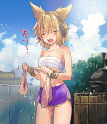 Rule 34 | 1girl, bandages, bare arms, bare shoulders, blonde hair, blue sky, blush, bracelet, breasts, bucket, check commentary, check translation, chest sarashi, cleavage, closed eyes, cloud, collarbone, commentary request, cowboy shot, day, earmuffs, hair between eyes, holding, jewelry, makuwauri, medium breasts, midriff, open mouth, outdoors, pointy hair, purple shorts, sarashi, short hair, short shorts, shorts, sky, solo, standing, stomach, strapless, thighs, touhou, toyosatomimi no miko, translation request, tree, tube top, water, water drop, wooden bucket, wringing