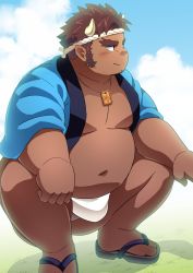 Rule 34 | 1boy, absurdres, alternate costume, bara, belly, blush, brown hair, bulge, character request, dark-skinned male, dark skin, demon horns, fat, fat man, fundoshi, gluteal fold, hachimaki, happi, headband, highres, horns, japanese clothes, long sideburns, looking to the side, male focus, male underwear, muscular, muscular male, navel, pectoral cleavage, pectorals, sandals, short hair, sideburns, smile, solo, squatting, stomach, tetsuox (housamo), tokyo houkago summoners, tt (ptcmtr), underwear, white male underwear