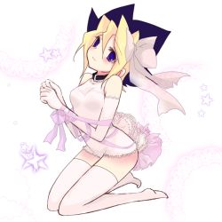 Rule 34 | 1girl, bad id, bad pixiv id, bow, collar, dyed bangs, gangon, gender request, genderswap, gloves, hair bow, lace, lingerie, muto yugi, purple eyes, ribbon, solo, thighhighs, underwear, yu-gi-oh!, yu-gi-oh! duel monsters
