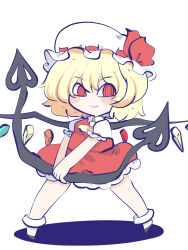 Rule 34 | 1girl, black footwear, blonde hair, blush, bow, chahan (fried rice0614), collar, collared shirt, crystal, flandre scarlet, frilled hat, frilled skirt, frilled sleeves, frills, hat, hat bow, hat ribbon, highres, holding, holding polearm, holding weapon, laevatein (touhou), looking to the side, mob cap, neckerchief, polearm, puffy sleeves, red bow, red eyes, red shirt, red skirt, ribbon, shadow, shirt, short hair, simple background, skirt, socks, spread legs, standing, touhou, weapon, white background, white hair, wings, yellow neckerchief