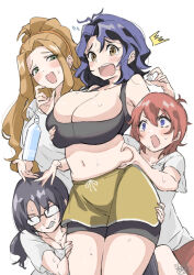 Rule 34 | 4girls, ^^^, ahoge, antenna hair, armpits, bare shoulders, black hair, black tank top, blonde hair, blue eyes, blue hair, blush, bottle, breasts, brown eyes, brown hair, cleavage, clenched teeth, collarbone, cowboy shot, curvy, dolphin shorts, dot nose, eyelashes, glasses, grabbing, grabbing another&#039;s breast, hair between eyes, hand on another&#039;s stomach, hands on another&#039;s thighs, high ponytail, huge breasts, idolmaster, idolmaster million live!, idolmaster million live! theater days, julia (idolmaster), large breasts, long hair, low twintails, mitogawawataru, multiple girls, navel, nikaidou chizuru, opaque glasses, open mouth, red hair, shirt, short hair, short sleeves, shorts, sidelocks, signature, simple background, sleeveless, sweat, sweatdrop, takayama sayoko, tank top, tearing up, teeth, thighs, toyokawa fuka, twintails, v-shaped eyebrows, very long hair, water bottle, wavy hair, white background, white shirt