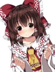 Rule 34 | 1girl, ascot, benjamin button suukina jinsei, blurry, blush, bow, brown hair, clenched hands, collar, collarbone, cookie (touhou), depth of field, detached sleeves, dutch angle, eyebrows, frilled bow, frilled collar, frilled shirt collar, frills, hair bow, hair tubes, hakurei reimu, highres, kanna (cookie), long hair, long sleeves, looking at viewer, red bow, red eyes, red ribbon, red vest, ribbon, ribbon-trimmed sleeves, ribbon trim, sidelocks, simple background, sleeveless, smile, solo, tareme, touhou, upper body, vest, white background