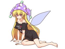 Rule 34 | 1girl, :o, alternate costume, barefoot, black shirt, blonde hair, blush, breasts, bright pupils, cleavage, clothes writing, clownpiece, collarbone, commentary request, cosplay, dot nose, english text, fairy wings, full body, hands on ground, hat, hecatia lapislazuli, hecatia lapislazuli (cosplay), highres, jester cap, knees, long hair, lying, on side, oversized clothes, polka dot, purple eyes, purple hat, shirt, shitacemayo, short sleeves, simple background, small breasts, solo, t-shirt, touhou, white background, white pupils, wings