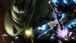 3d asteroid axis_(gundam) battle bazooka_(gundam) beam_cannon big_zam character_name commentary_request energy_gun english_text fake_screenshot glowing glowing_eye gundam highres machinery mecha mecha_focus mobile_armor mobile_suit mobile_suit_gundam realistic rick_dom robot s.hasegawa science_fiction signature space talons thrusters weapon zeon zero_gravity