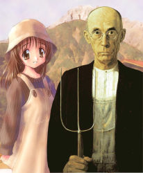 Rule 34 | 1boy, 1girl, american gothic, balding, brown eyes, brown hair, dress, facing viewer, fine art parody, glasses, goto p, holding, holding pitchfork, looking at viewer, old, old man, outdoors, overalls, parody, pinafore dress, pitchfork, sleeveless dress, smile, third-party edit, what