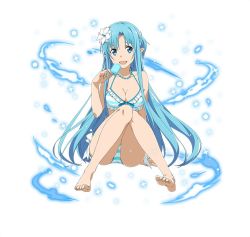 Rule 34 | 1girl, :d, asuna (sao), asuna (sao-alo), barefoot, bikini, blue eyes, blue hair, breasts, cleavage, collarbone, flower, food, frilled bikini, frills, full body, hair flower, hair ornament, holding, holding food, hydrokinesis, ice cream, jewelry, long hair, looking at viewer, medium breasts, necklace, open mouth, pointy ears, simple background, sitting, smile, solo, striped bikini, striped clothes, swimsuit, sword art online, very long hair, water, white background, white flower