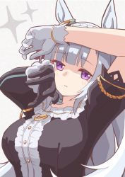 Rule 34 | 1girl, absurdres, animal ears, arms up, asymmetrical gloves, asymmetrical sleeves, black dress, black gloves, blunt bangs, blush, breasts, center frills, dress, frills, gloves, grey background, grey hair, highres, horse ears, large breasts, long hair, long sleeves, looking at viewer, mejiro ardan (umamusume), mismatched gloves, parted lips, petoka, purple eyes, short sleeves, solo, umamusume, uneven sleeves, upper body, white gloves