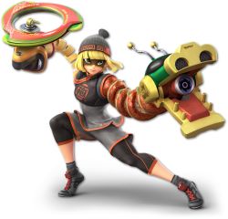 Rule 34 | 1girl, 3d, arms (game), beanie, blonde hair, domino mask, full body, green eyes, hat, highres, mask, min min (arms), nintendo, official art, shoes, short hair, shorts, smile, sneakers, solo, super smash bros.