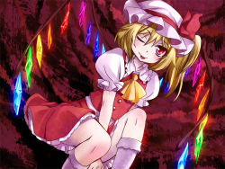 Rule 34 | 1girl, ;p, blonde hair, crystal, female focus, flandre scarlet, frills, hat, matilda (matildax), mob cap, one eye closed, red eyes, side ponytail, skirt, solo, tongue, tongue out, touhou, wink