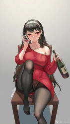 Rule 34 | 1girl, absurdres, alcohol, artist request, black hair, black pantyhose, breasts, chair, closed mouth, covered navel, crotch seam, cup, dress, drinking glass, gradient background, grey background, gusset, hairband, highres, large breasts, leg up, long hair, looking at viewer, off-shoulder sweater, off shoulder, panties, panties under pantyhose, pantyhose, red eyes, signature, simple background, sitting, smile, solo, spy x family, sweater, sweater dress, thighband pantyhose, underwear, wine glass, yor briar