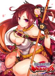 Rule 34 | 1girl, :/, bare shoulders, black gloves, blush, breasts, center opening, cleavage, curvy, female focus, flower, gloves, hair flower, hair ornament, inayama, japanese clothes, large breasts, long hair, looking at viewer, maeda toshinaga (sengoku bushouki muramasa), midriff, navel, petals, ponytail, purple eyes, red hair, sengoku bushouki muramasa, shiny skin, sitting, solo, staff, sweat, thick thighs, thighs, wide hips