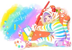 Rule 34 | 1girl, absurdres, animal costume, animal print, blunt bangs, commentary request, flower, from behind, hair flower, hair ornament, highres, hood, hood up, looking back, nengajou, new year, open mouth, original, paintbrush, palette (object), purple eyes, purple hair, rainbow, rainbow order, red flower, smile, solo, tiger costume, tiger print, translation request, white flower, yumi 423