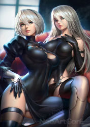Rule 34 | 2girls, bare shoulders, black gloves, breasts, brown legwear, commentary, elbow gloves, gloves, green eyes, hairband, leotard, lips, long hair, looking at viewer, medium breasts, mole, mole under mouth, multiple girls, neoartcore, nier (series), nier:automata, no blindfold, parted lips, short hair, signature, silver hair, sitting, skindentation, thighhighs, thighs, white leotard, 2b (nier:automata), a2 (nier:automata)