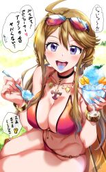 Rule 34 | 1girl, ahoge, bikini, black choker, blush, bracelet, breasts, brown hair, choker, cleavage, collarbone, eyewear on head, food, hair between eyes, highres, idolmaster, idolmaster million live!, jewelry, large breasts, looking at viewer, low twintails, nail polish, open mouth, purple eyes, red bikini, run p (aveton), shaved ice, solo, speech bubble, spoon, sunglasses, swimsuit, teeth, thighs, tokoro megumi, tongue, tongue out, twintails, upper teeth only