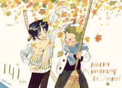 Rule 34 | 1boy, 1girl, 2022, aged down, artist name, black hair, blue scarf, blush, broom, child, closed eyes, feet out of frame, feleven, green hair, happy birthday, highres, holding, holding broom, kuina, leaf, maple leaf, one piece, open mouth, roronoa zoro, scarf, short hair, smile, sword, sword behind back, teeth, v-shaped eyebrows, weapon, white scarf