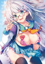 Rule 34 | 1girl, ahoge, aqua skirt, black legwear, bra, bra pull, breasts, cherry blossoms, cleavage, clothes lift, clothes pull, collared shirt, covered erect nipples, day, ear piercing, earrings, glasses, gluteal fold, green eyes, hair ornament, hairclip, handkerchief, heart, highres, jacket, jewelry, kaniya shiku, large breasts, lifted by self, long hair, no panties, open mouth, orange ribbon, original, ornament, outdoors, piercing, pink bra, pleated skirt, polka dot, polka dot bra, purple jacket, ribbon, sailor collar, school uniform, shiny skin, shirt, shirt lift, sign, silver hair, skirt, smile, solo, underwear, v, white shirt